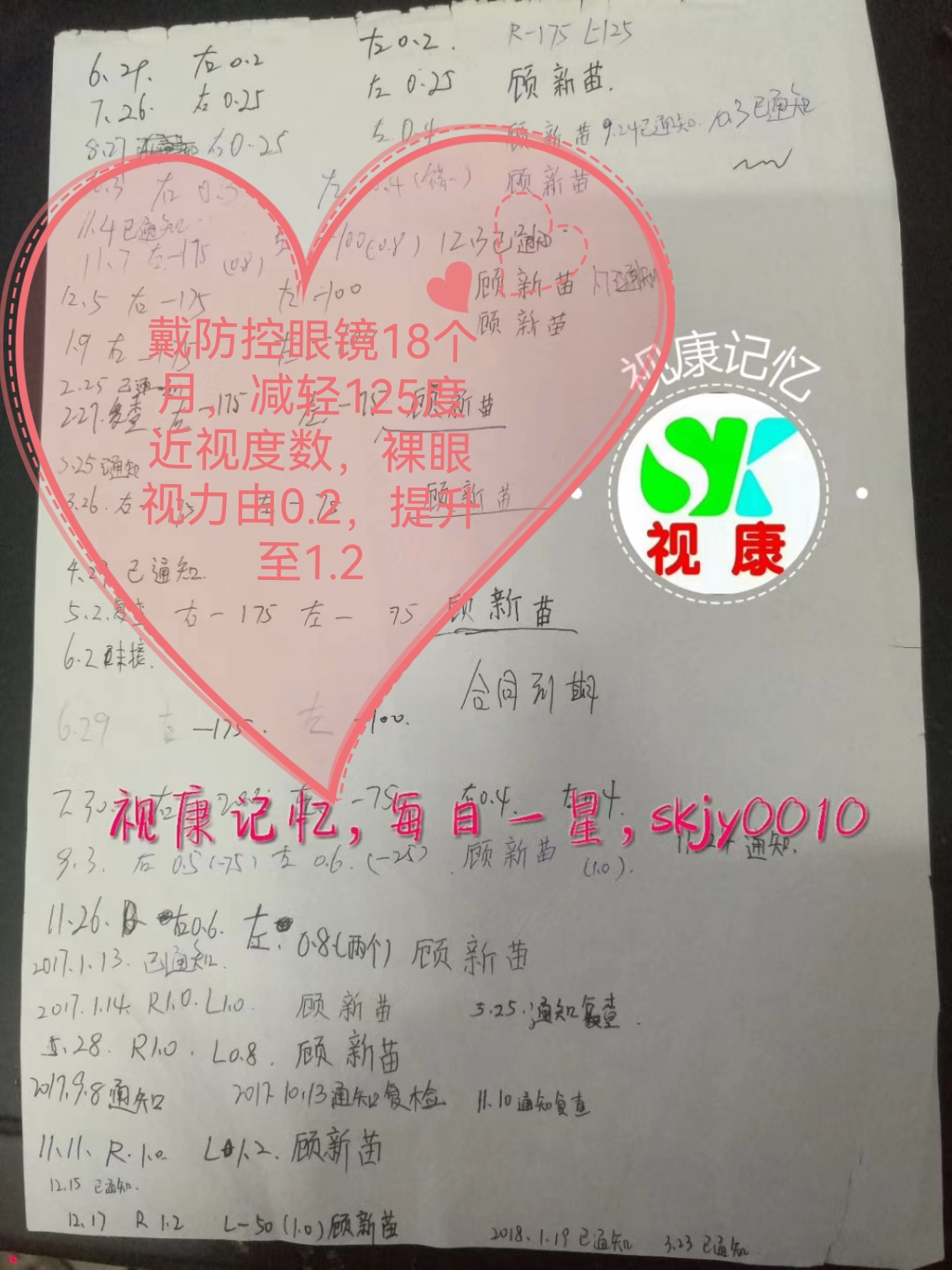 恭喜顾新苗戴视康记忆眼镜18个月减轻近视125度
